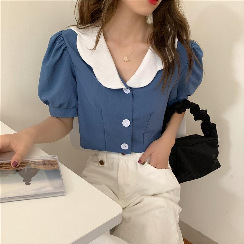 樂天商城 - Tシャツ 女性用 春夏 フレンチスタイル 小柄向け カラーブロック 個性派 短袖 デザイン性 高腰 ユニーク ショート丈 トップス 軽量 綿素材 吸湿速乾 カジュアル 普段使い ブラック ピンク系 アイボリー
