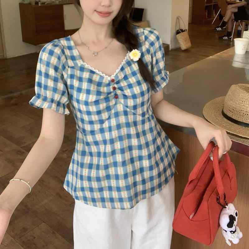 樂天商城 - ブラウス 女性用 春夏 韓国 チェック柄 甘め 優しい 切り替え レース トップス 軽量 綿 ハイネック フレア袖 ゆったりシルエット 普段使い 爽やか ブルー系 ピンク系 グレー系 通勤 通学 カジュアル