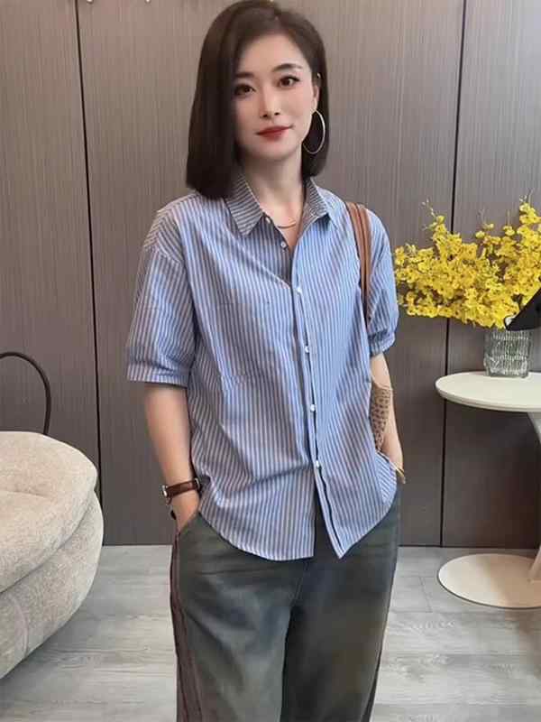 乐天商城 - ブラウス 女性用 春夏 ブルー ストライプ 柄 短袖 トップス 通勤用 軽量 吸湿速乾 接触冷感 再生繊維 シャツ 普段使い ビジネス シンプル 涼しい デザイン