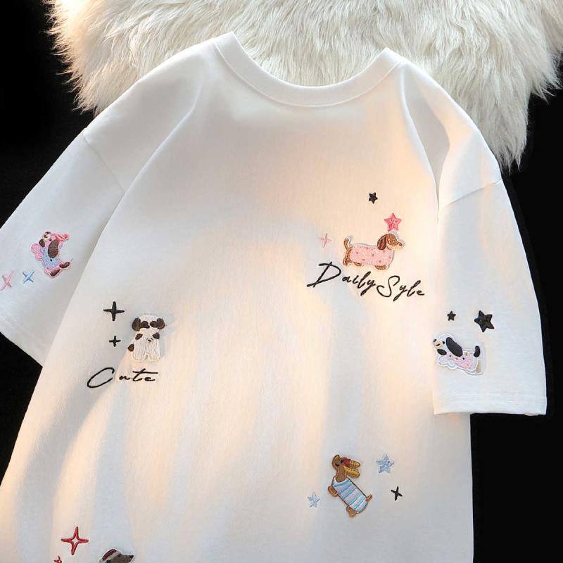 Tシャツ 女性用 半袖 トップス 純綿 夏 春夏 ゆったり かわいい 刺繍 犬柄 半袖シャツ コットン カジュアル 日常使い 軽量 吸湿速乾 ビッグシルエット ブラック ピンク系 アイボリー