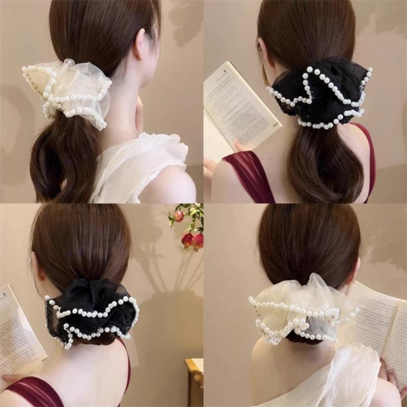 ヘアアクセサリー 女性用 大型レース ヘアゴム かわいい 珍珠 ヘアバンド 高めポニーテール 丸み 髪ゴム ヘアアクセ ネット 柔らかい 素材 日常使い ヘアアレンジ アクセサリー シンプル スタイル
