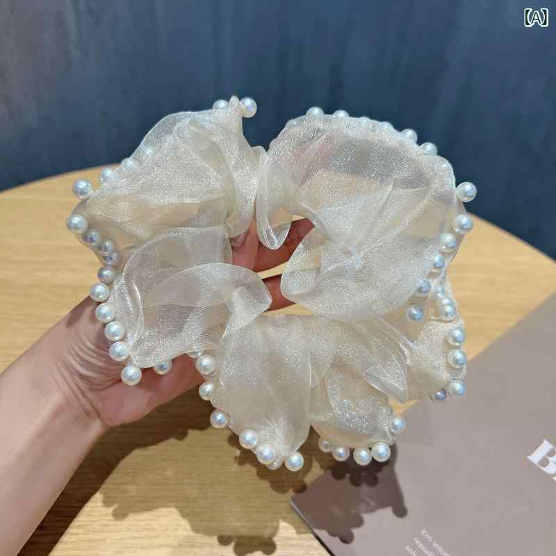 リバーパディのヘアアクセサリー 女性用 大型レース ヘアゴム かわいい 珍珠 ヘアバンド 高めポニーテール 丸み 髪ゴム ヘアアクセ ネット 柔らかい 素材 日常使い ヘアアレンジ アクセサリー シンプル スタイル｜アングル2