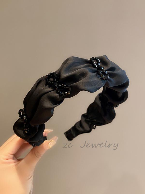 カチューシャ レディース ヘアアクセサリー サテン 黒色 クリスタル 花モチーフ リ...