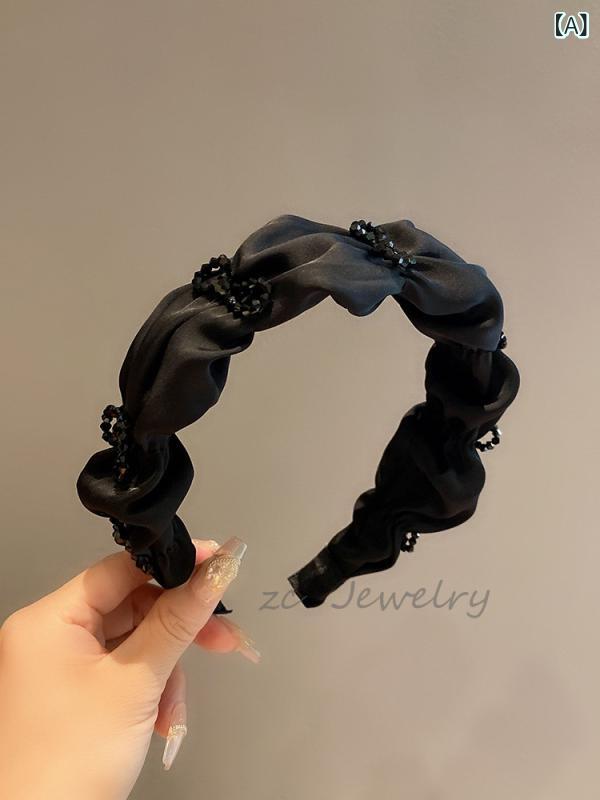 カチューシャ レディース ヘアアクセサリー サテン 黒色 クリスタル 花モチーフ リ...