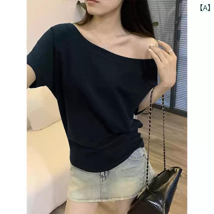 Tシャツ レディース 夏 肩出し グレー 短袖 デザイン 別珍 ゆったり ルーズ フィット カジュアル シンプル 斜め肩 コットン トップス 吸湿速乾 軽量 接触冷感 通勤 普段使い アウトドア