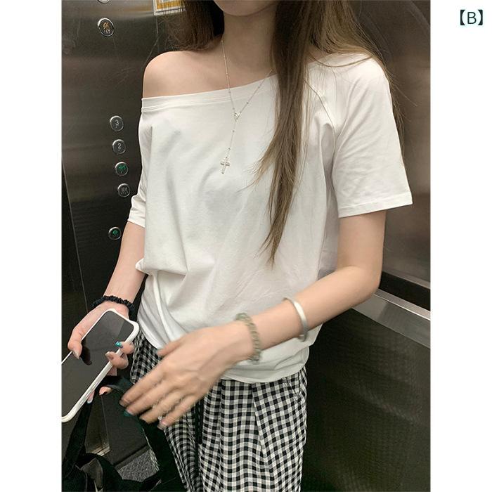 Tシャツ レディース 夏 肩出し グレー 短袖 デザイン 別珍 ゆったり ルーズ フィット カジュアル シンプル 斜め肩 コットン トップス 吸湿速乾 軽量 接触冷感 通勤 普段使い アウトドア