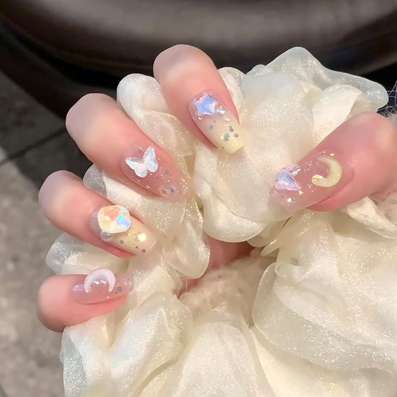 Other - 指輪 アクセサリー 月 蝶 デザイン 夢幻 ネイル ステッカー 貼片 半手工 偽指甲 かわいい ファッション ピンク系 軽量 伸縮性 普段使い 通勤用