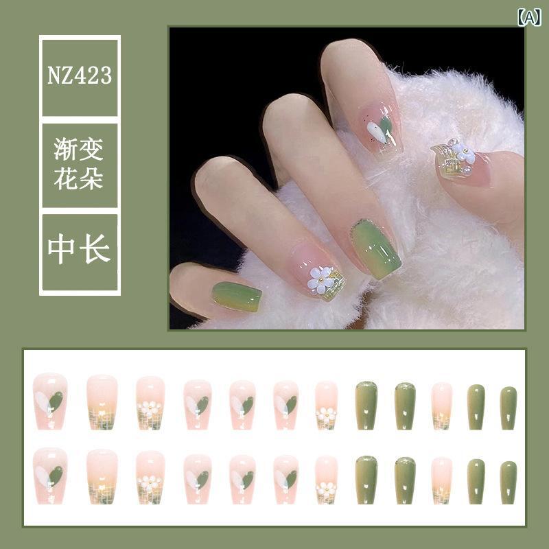 Other - ネイルチップ 緑 グラデーション かわいい クリア 浮き彫り ハート 立体 花 5弁 ミディアムロング 偽指甲 セルフネイル 貼り付け 簡単 長持ち 透明感 フレッシュ デザイン 日常使い 春夏