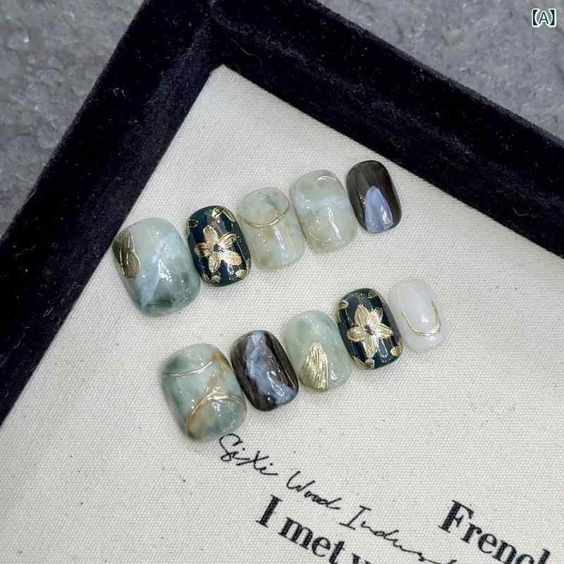 ネイルステッカー 祖母緑 金花 デザイン 軽量 手作り 付け爪 光療法 タイプ ハンドメイド 着脱簡単 指先美白 華やか ジュエリー 透明感 日常使い セルフネイル キラキラ アクセサリー