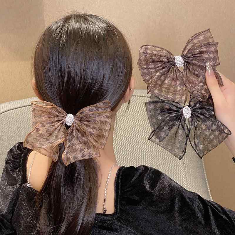 ヘアクリップ レディース バレッタ 千鳥格子柄 網紗 リボン ジルコニア 髪留め 髪飾り ヘアアクセサリー おしゃれ かわいい 大人かわいい きれいめ 上品 華やか 普段使い 通勤用 カジュアル お出かけ フェミニン ガーリー エレガント 髪留めクリップ
