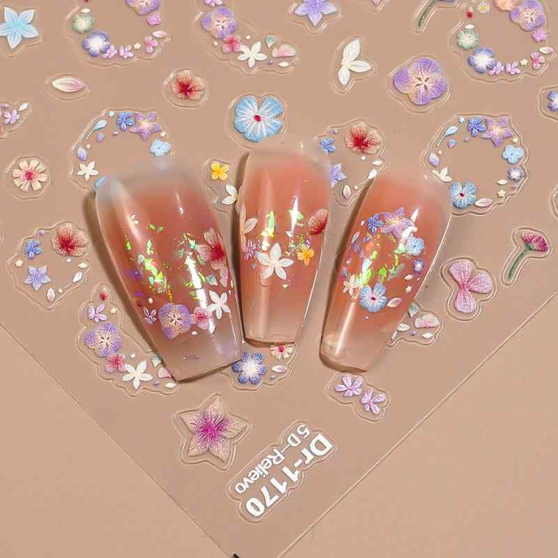 Nail - ネイルシール ステッカー 夏 花柄 立体 浮き彫り デザイン 3D 指甲用 バックグルー 貼り付け 簡単 かわいい 装飾 アクセサリー 花冠 モチーフ 涼しげ カラフル 女性用 普段使い