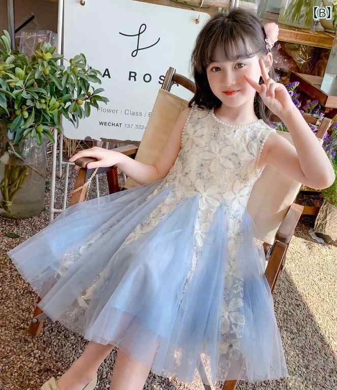 ワンピース キッズ 女の子 半袖 子供服 ドレス プリンセス チュール スカート Aラ...