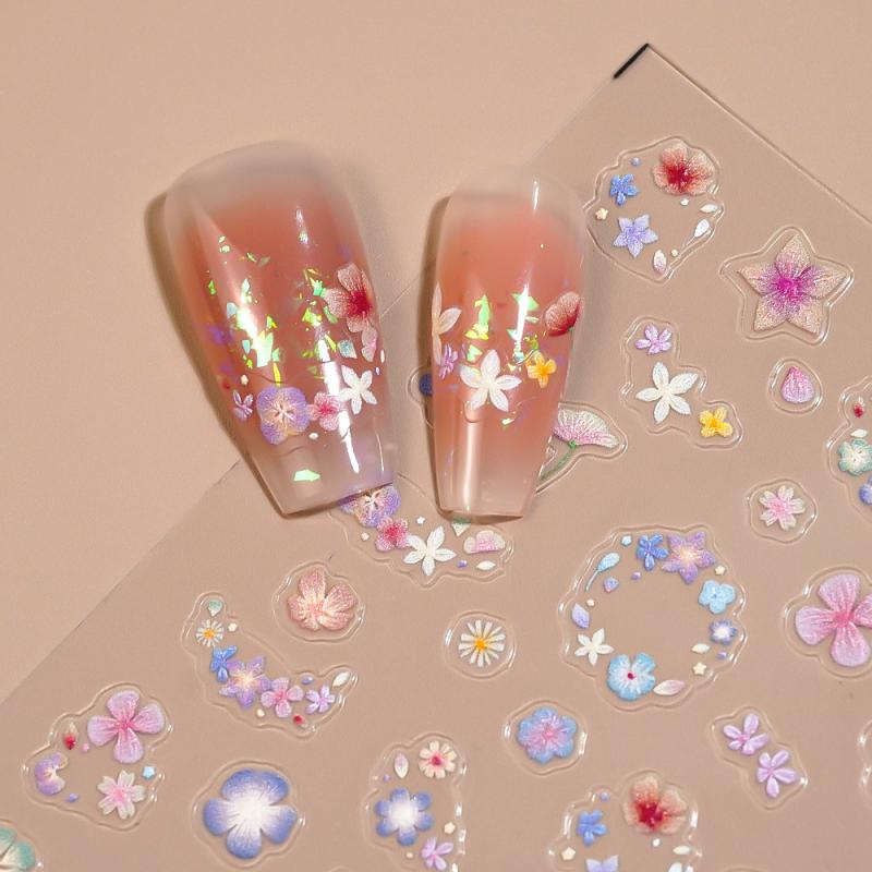 ネイル ステッカー 夏 花冠 デザイン 3D 立体 浮き彫り 自己接着 指甲 貼り付け ピンク系 花柄 軽量 薄手 装飾 アクセサリー 季節 アイテム かわいい モチーフ フェミニン スタイル