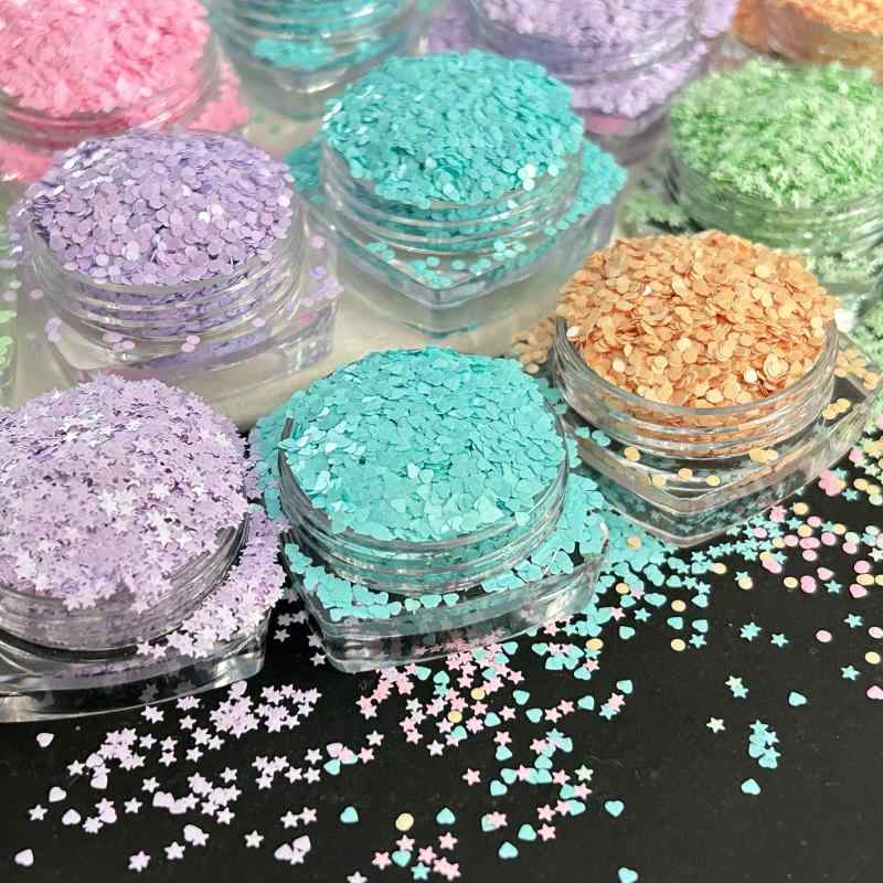 ネイルアート キラキラパーツ セット マカロンカラー ミニ ハート 星 丸 桃心 デザイン 1mm 小さめ ラメ ホログラム フラワー ドット 輝き アクセサリー かわいい 細工 装飾 ネイルシール ジェルネイル 対応 初心者 ホームユース カラフル ピ