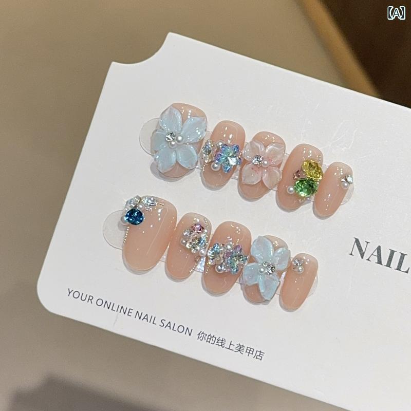 Nail - ネイル ステッカー かわいい 星柄 フルダイヤ 花柄 キャットアイ 短め 手作り 着脱可能 偽物指甲 貼り付け 自然 デザイン 指先 装飾 ピンク系 ゴールド アクセサリー ファッション アイテム