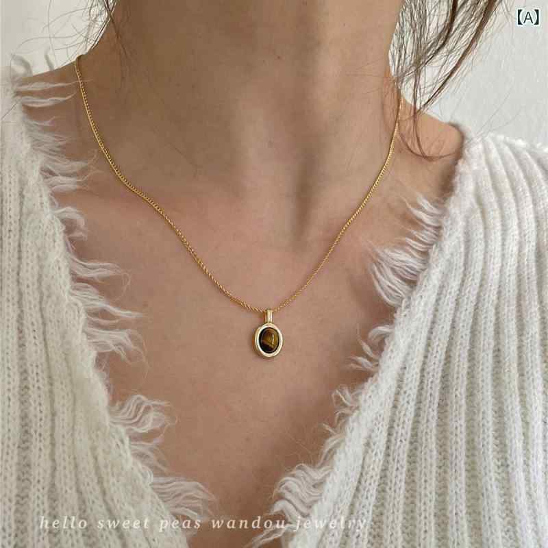 Cubic Zirconia - ネックレス 女性用 秋冬 虎目石 オーバル ペンダント チェーン 高級感 気質 レイヤード デザイン 石 ビーズ 鎖骨 ライン アクセサリー スタイリッシュ ジュエリー 細身 シルバー 加工 普段使い ギフト 向き 華奢 タイプ