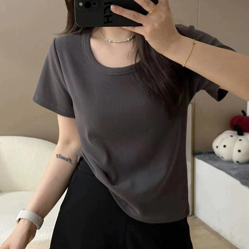 乐天商城 - 女性用 トップス 短袖 Tシャツ Uネック 鎖骨見せ 螺紋 肩ライン スタイリッシュ 百搭 スリムフィット 軽量 綿素材 春夏 カジュアル 普段使い 通勤 ブラック ピンク アイボリー 伸縮性 吸湿速乾