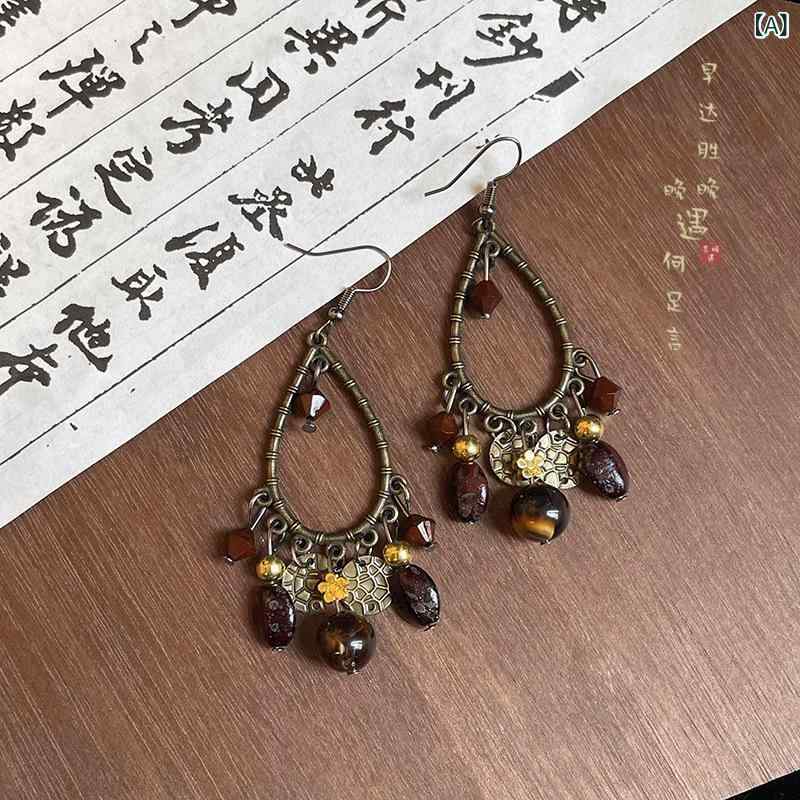 Dine Al - ピアス 女性用 ボヘミアン 天然石 流蘇 イヤリング 復古 エスニック 夏 春夏 軽量 かわいい アクセサリー
