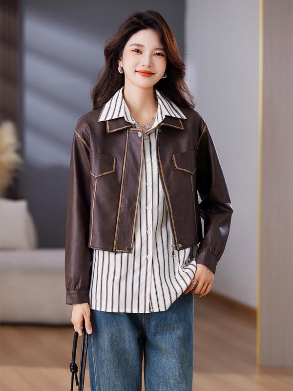 Rakuten - 秋冬 女性用 ジャケット コート 気質 ファッション シンプル 通勤用 スタンドカラー ショート丈 百搭 デザイン PUレザー 軽量 スタイリッシュ ブラック ブラウン ベージュ カジュアルスタイル 吸湿速乾 伸縮性 高級感 秋冬 日常使い アウトドア