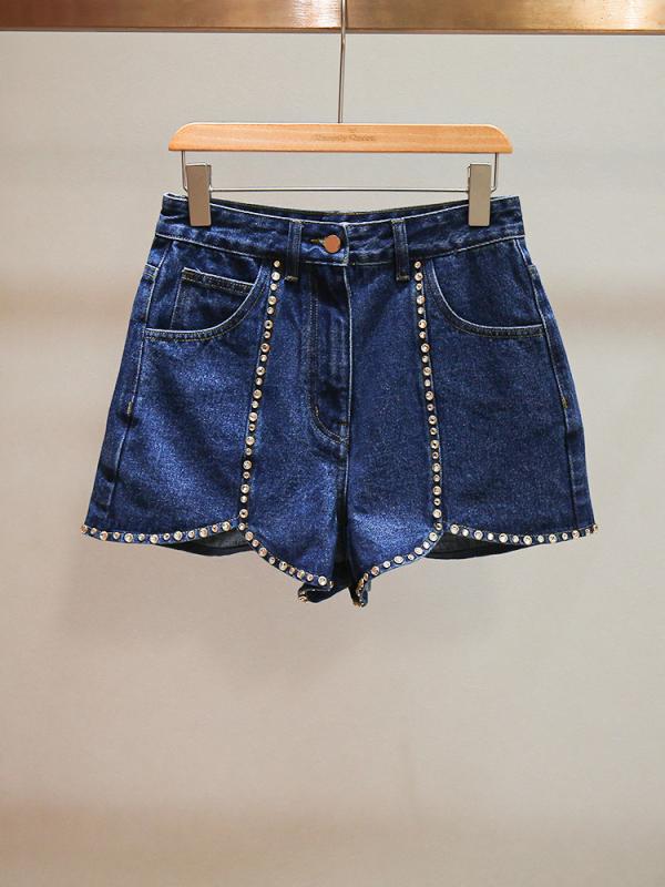 ショートパンツ レディース 夏 春夏 復古 休闲 重工 钉珠 デザイン A字 ハイウエスト ワイドレッグ 口袋 デニム 牛仔 女性用 軽量 伸縮性 吸湿速乾 普段使い 通勤用 部屋着 アウトドア カジュアルスタイル ビッグシルエット ブラック ブルー系(4.0)