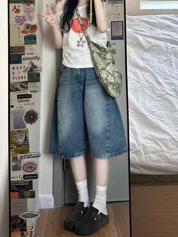 デニムパンツ レディース 夏用 ハイウエスト ストレート ワイドレッグ ショート コットン 素材 ゆったり シルエット 軽量 ストレッチ 吸湿速乾 普段使い カジュアル