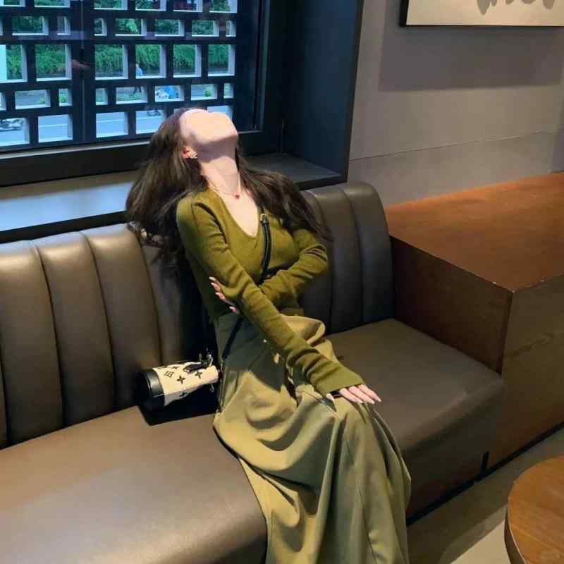 ニット トップス 女性用 半身スカート セット アボカドグリーン ゆったり 大きいサイズ ファッション かわいい 減齢 春夏 軽量 伸縮性 綿混 ビッグシルエット 普段使い