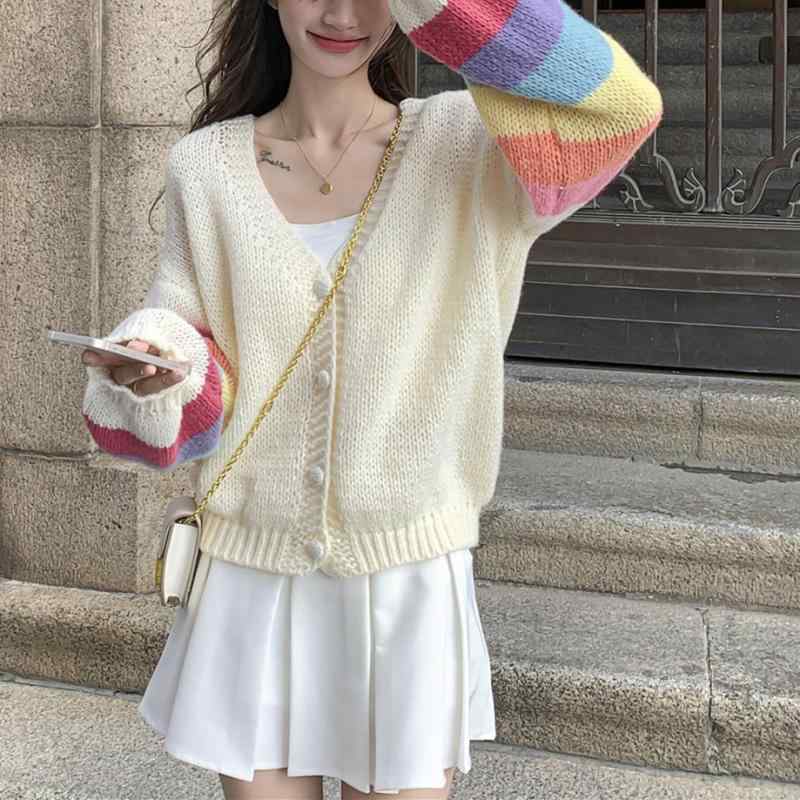 乐天商城 - ニット カーディガン 女性用 秋冬 韓国 かわいい 優しい スタイリッシュ トレンド セーター コート 小柄 レイヤード 軽量 暖かみ 柔らかい 素材 ベージュ ブラウン グレー