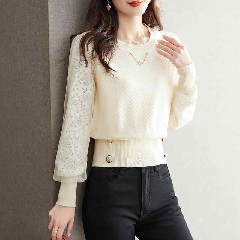 Rakuten - レディース ニットトップス 春夏 切り替え レース ニット セーター 女性用 ガーリー 透け感 袖 ブラウス インナー シャツ コットン混 軽量 伸縮性 かわいい 普段使い カジュアルスタイル ビッグシルエット Vネック