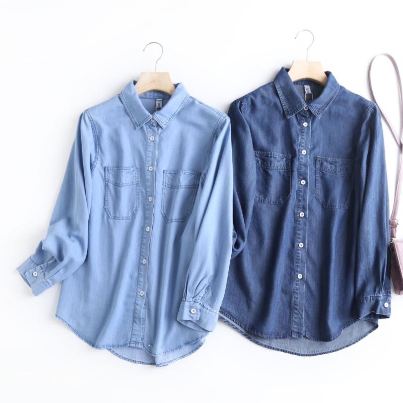 乐天商城 - シャツ 女性用 春夏 秋冬 韓国 ファッション ゆったり 天絲 デニム 長袖 トップス 女性 カジュアル 垂感 ソリッドカラー シャツ コート 軽量 吸湿速乾 ストレッチ リラックス スタイル コットン 混 紡績 素材 ビッグシルエット ラウンドネック