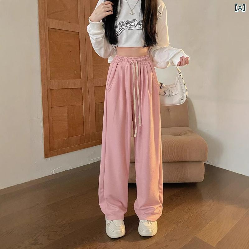 乐天商城 - ピンクカジュアルスポーツパンツレディース 春夏 韓国 スタイル ハイウエスト スリムストレートスリムワイドレッグパンツレディース