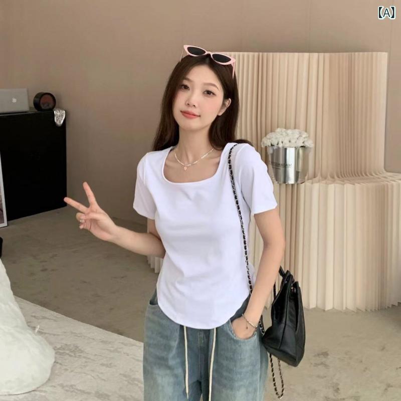 太った mmの 糸が お腹を カバー し スリムに 見え シックで 女性 用 右肩 スクエア ネック Tシャツ 2024 夏の トップス