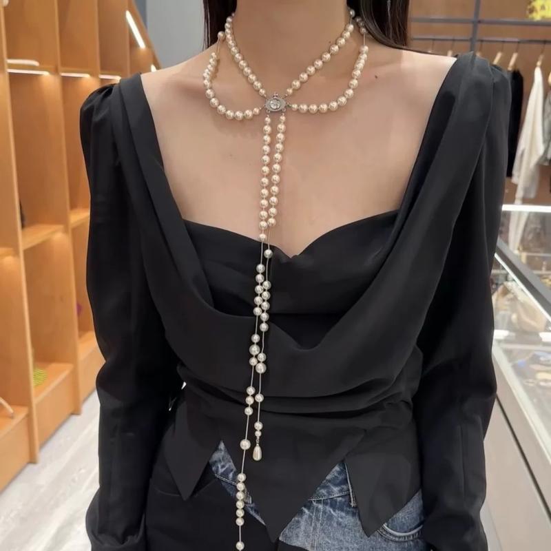 Orange - ネックレス 女性用 法式 破砕 多層 高級感 鎖骨 チェーン 真珠 モダン アシンメトリー レイヤード 華奢 ゴールド調 アクセサリー 普段使い ギフト