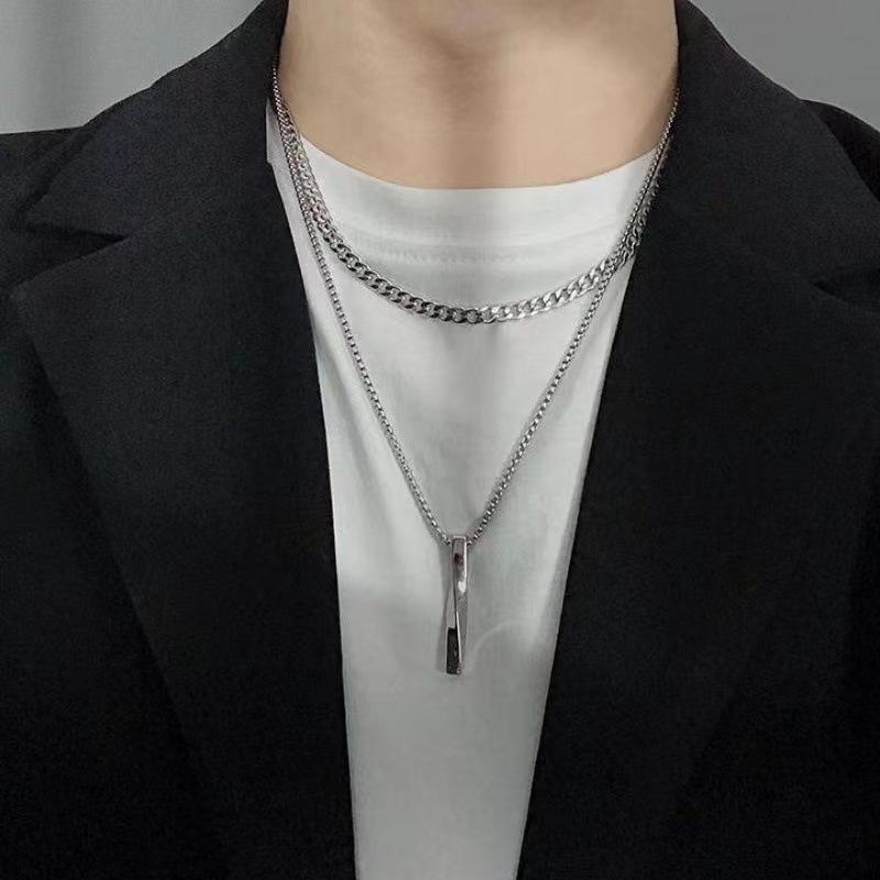 Rhinestone - ネックレス メンズ レディース シンプル デザイン チタン 鋼 螺旋 長条 チェーン 二重 レイヤー ヒップホップ ストリート スタイル インスピレーション コールド ミックス ペンダント ユニセックス アクセサリー モダン シルバー トーン レイヤード