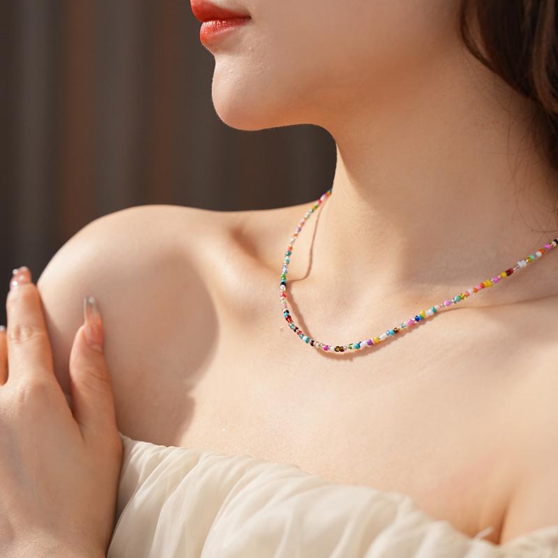 Heart - ネックレス 女性用 ガラスビーズ 串珠 シンプル 気質 百搭 鎖骨チェーン ファッション かわいい アクセサリー 軽量 華奢 シルバー ゴールド ピンク系 ブルー系 日常使い ギフト 人気 細工 繊細 モダン スタイリッシュ