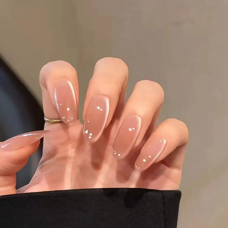 Artificial Nails - ネイルチップ 猫目デザイン 純色 着脱式 指甲美甲片 シンプル インスピレーション 丸頭 甲型 かわいい 軽量 伸縮性 女性用 日常使い ピンク系 カラー 再生繊維 素材 ネイルアート アクセサリー 指先ファッション