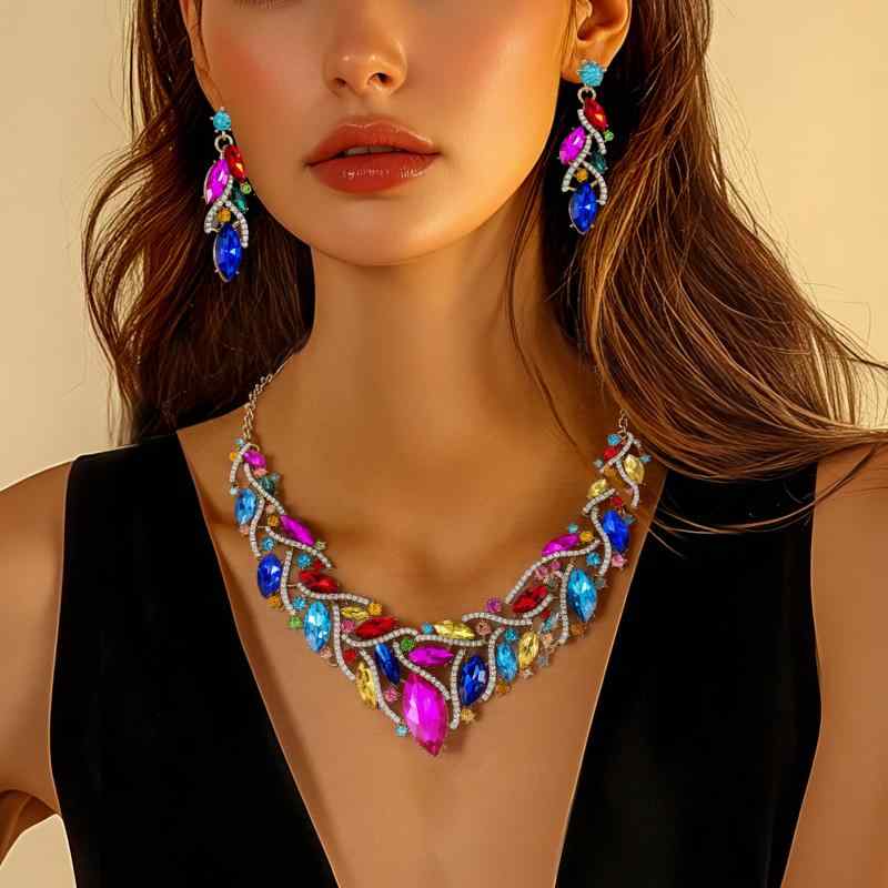 レディース ジュエリーセット 水晶 宝石 ネックレス ピアス セット 豪華 ファッション ドレス 宴会 ウェディング アクセサリー キラキラ 輝き 華やか フォーマル 日常使い シルバー ゴールド クリア ピンク ブルー