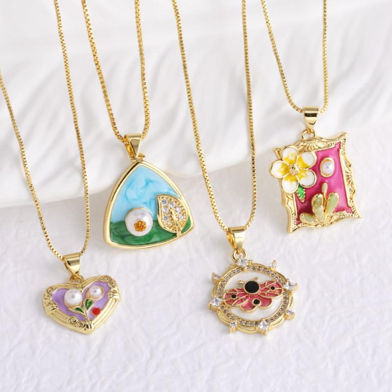 Beads - ネックレス 女性用 銅製 真鍮 ゴールドメッキ ドロップオイル加工 天然パール ハート型 フラワー ペンダント ショートチェーン 鎖骨ライン 華奢 かわいい 普段使い デート ギフト シルバー ゴールド カラー 軽量 輝き 高級感