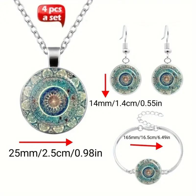 Other - レディース アクセサリーセット 復古 クリエイティブ 曼荼羅花柄 丸型 ガラス ペンダント ネックレス ブレスレット ピアス セット 女性用 ジュエリー ボヘミアン スタイル 花モチーフ ガラス素材 軽量 普段使い かわいい デザイン ハンドメイド