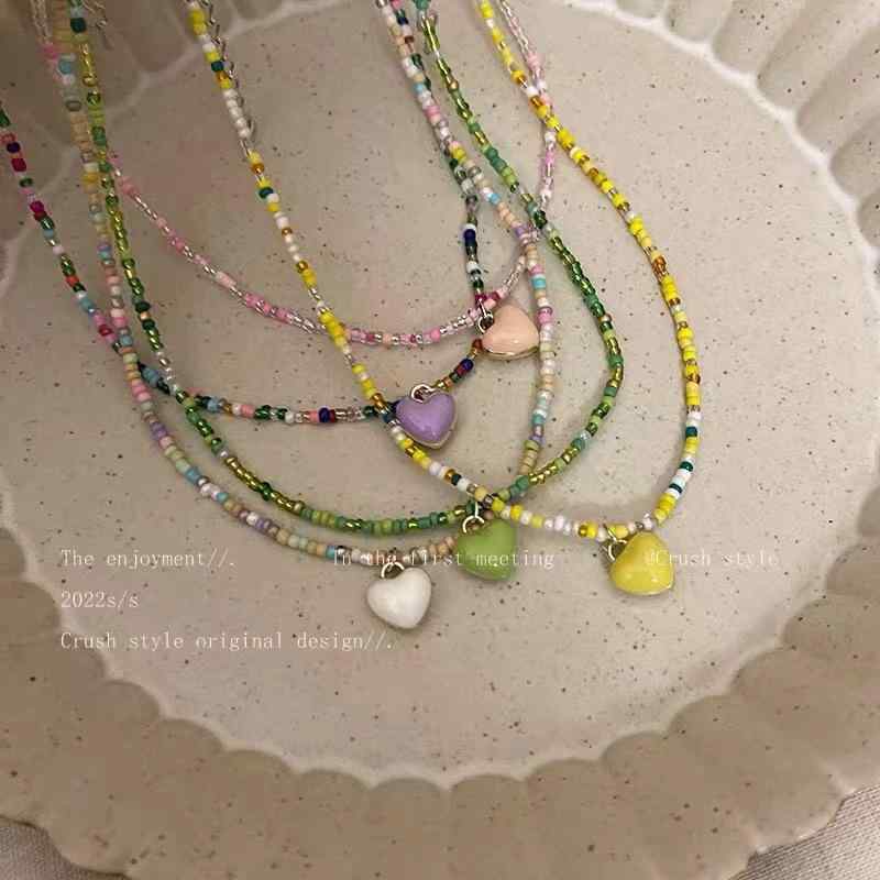 Freshwater Pearl - ネックレス 女性用 かわいい キャンディカラー ハート ビーズチェーン 気質 鎖骨チェーン 多用途 普段使い 軽量 カラフル ピンク系 イエロー系 グリーン系 アクセサリー