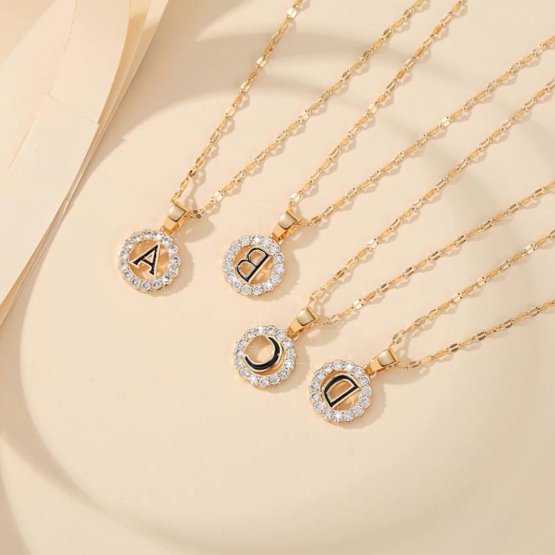 Cubic Zirconia - ネックレス 女性用 ヒップホップ アルファベット26文字 吊り下げチャーム 鎖骨チェーン ゴールドメッキ加工 ファッションアクセサリー かわいいデザイン 普段使い 軽量 光沢 高級感 シルバー ブラック ピンク系