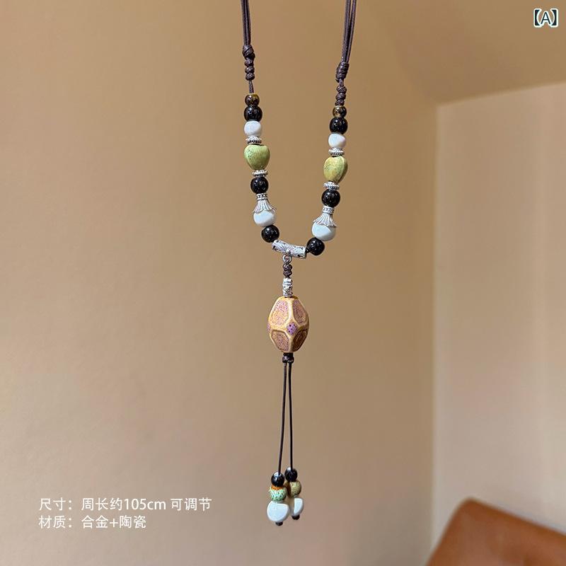ネックレス 女性用 チャイナドレス 陶器 ビーズ 花柄 復古 気質 ロングチェーン セラミック 串珠 フラワー ネックレス ボヘミアン スタイル 秋冬 普段使い 軽量 アクセサリー レイヤード