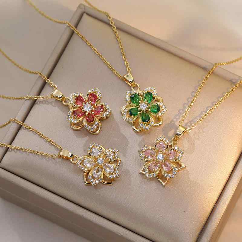 Coral Pink - ネックレス 女性用 花モチーフ ジルコニア 紫色 ローズフラワー デザイン 軽量 気質 高級感 軽奢 吊り下げ タイプ 気高さ 細身 シンプル アクセサリー 華奢 モダン 日常使い 華やか シルバー調 繊細 フラワー ジュエリー 人気デザイン