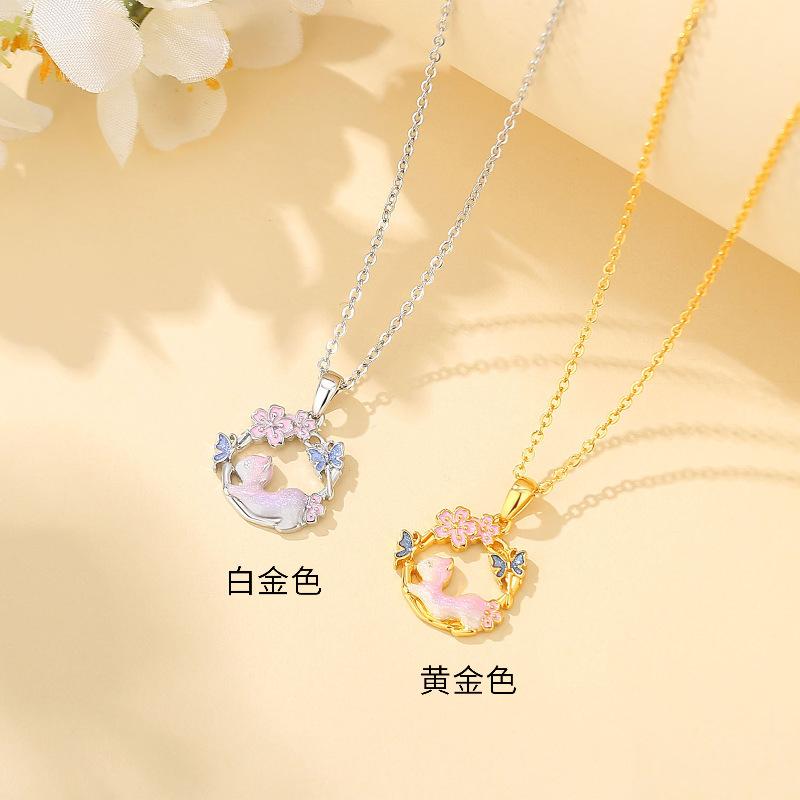 Chromium - ネックレス 女性用 かわいい シルバー 猫モチーフ 蝶柄 花柄 鎖骨チェーン 軽量 耐久性 ファッション アクセサリー 日常使い ギフト
