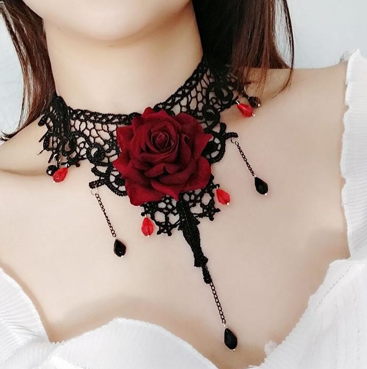 Red Coral - ゴシックロリータ ネックレス 女性用 ダーク 復古 バラ 花 鎖骨 チェーン チョーカー ネックチェーン ネックバンド クラシック ブラック ゴールド アクセサリー ゴスロリ かわいい ゴシック スタイル アクセント ジュエリー