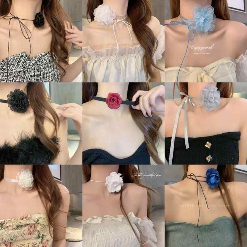 珠 - ネックレス 女性用 チュール ローズ フラワーリボン チョーカー かわいい 甘め ソフト ユニーク メラデデザイン