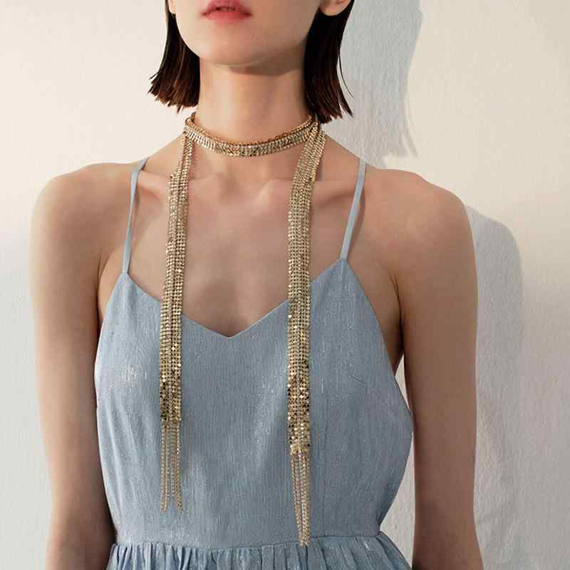 Pearl White - ネックレス 女性用 個性的 ファッショナブル 高級感 セクシー スパンコール ラインストーン フリンジ レイヤード トレンド クラブスタイル ゴールドチェーン シルバーアクセント ロングチェーン ショートネックレス レイヤリング 軽量 華やか 普段使い