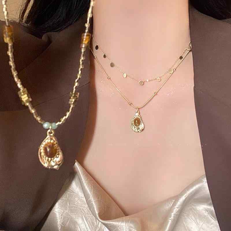 Pearl - ネックレス 女性用 虎眼石 ビーズ デザイン キラキラ チェーン 鎖骨 かわいい 秋冬 ゴールド アクセサリー 普段使い レイヤード 華奢 モダン