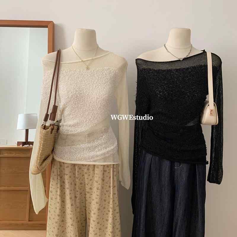 Rakuten - ニット トップス 女性用 秋 軽量 薄手 軽やか 切り替え デザイン 透け感 シンプル 立体 刺繍 通勤 普段使い 伸縮性 コットン 混 ブラック グレー ベージュ 春夏 秋冬 対応 カジュアル スタイル ハイネック Vネック ロングスリーブ ミドル