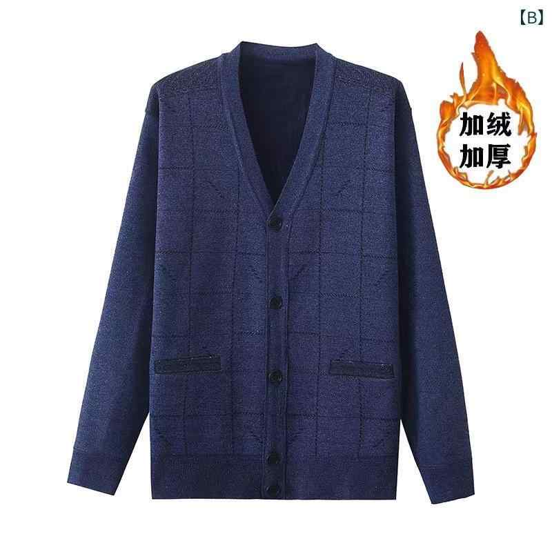 カーディガン メンズ 男性用 秋冬 長袖 ニット アウター 大きいサイズ ゆったり 体型カバー 着痩せ シニア 祖父用 トップス 羽織り 厚手 裏起毛 防寒 保温性 暖かい 秋 冬 紳士服 おじいちゃん 部屋着 カジュアル 無地 伸縮性 重ね着 上着 前 riverpaddy-11680630 リバーパディ サンプル画像2
