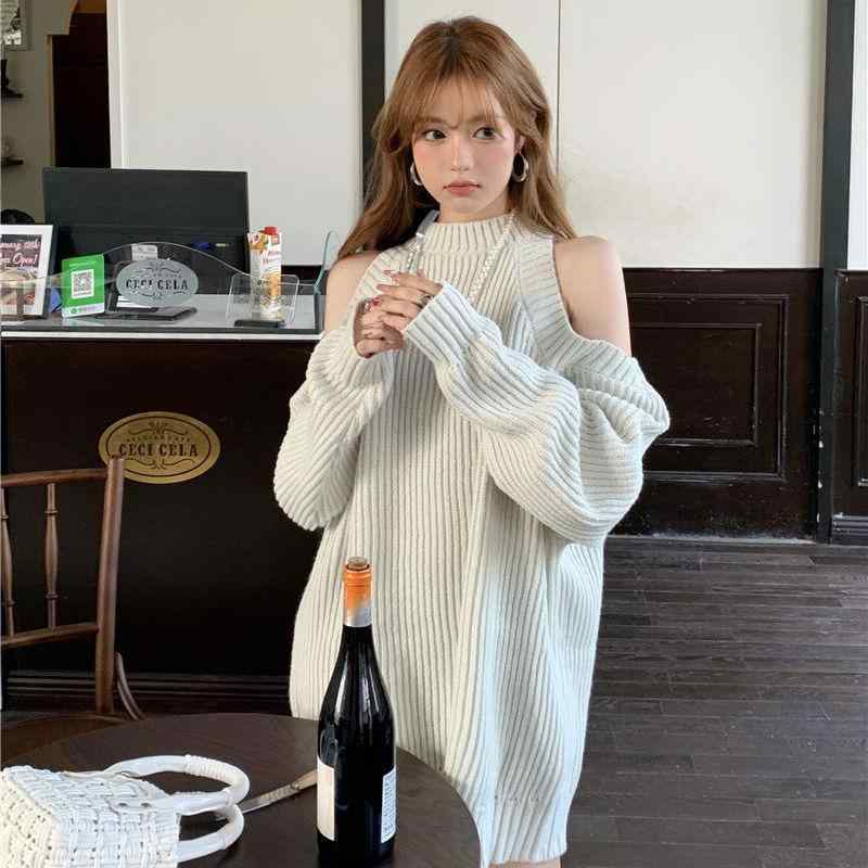 Rakuten - ニットトップス 女性用 韓国 通勤 純欲スタイル 粗編み ラフスタイル 破れ 中長丈 毛衣 上衣 潮 伸縮性 軽量 コットン混 ブラック グレー 秋冬